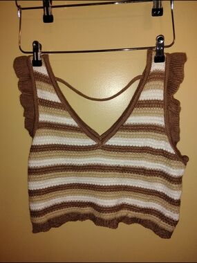 Striped Knit V-Neck Crop Top in Brown and Cream
